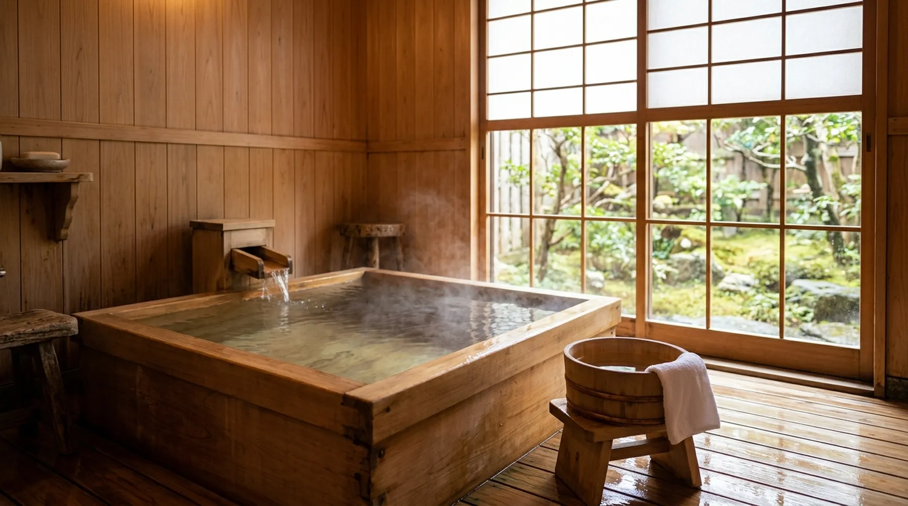 日式檜木湯屋內部，浴池注滿溫泉水冒著蒸氣