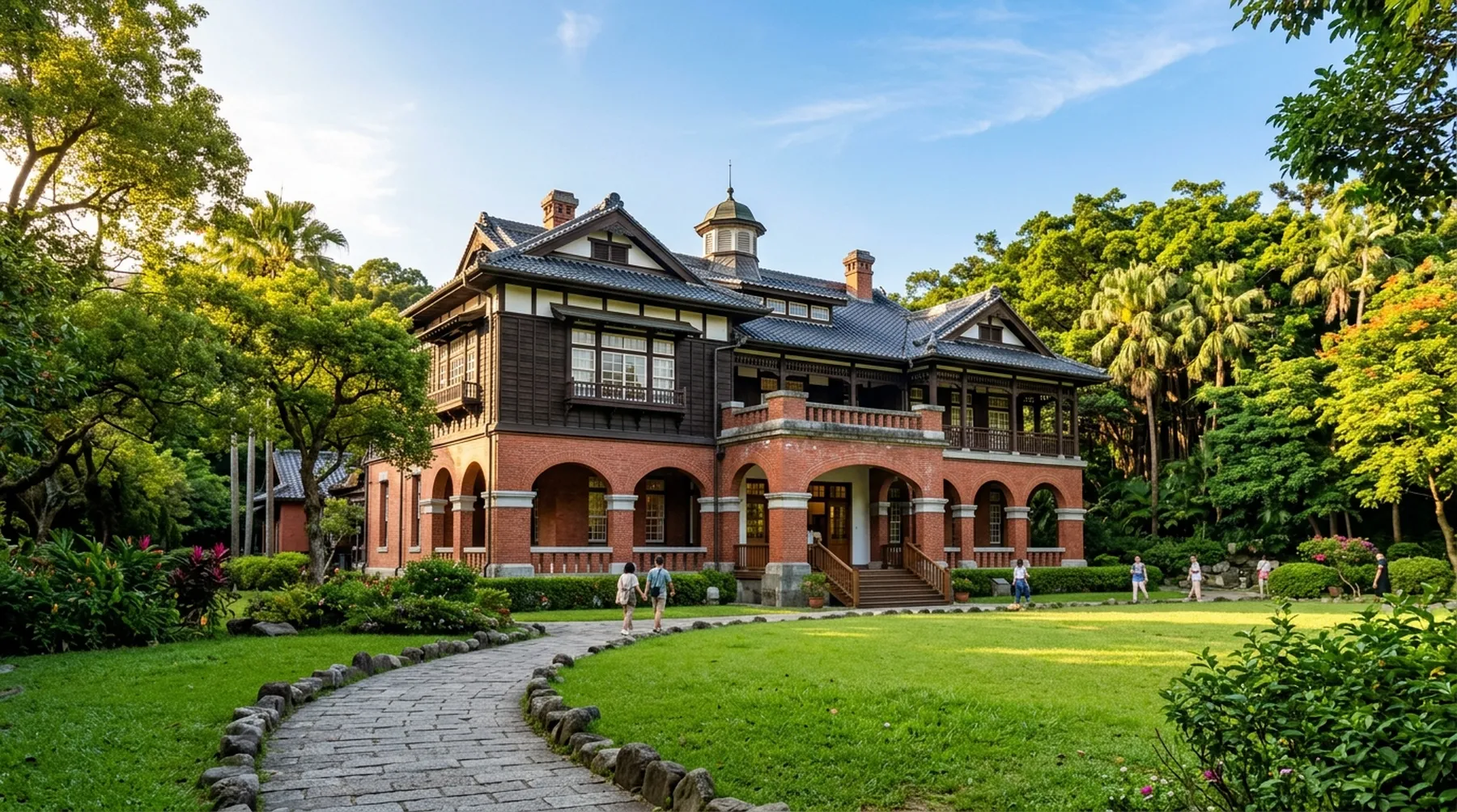北投溫泉博物館紅磚與木造老建築，前方綠色草坪