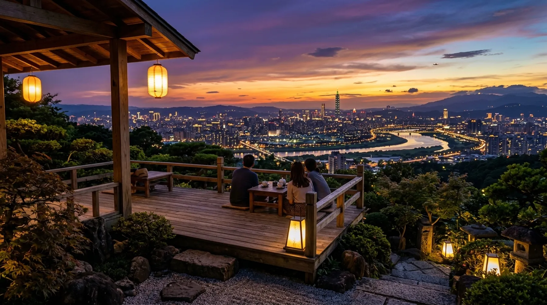 從北投半山腰眺望黃昏城市夜景，前景是日式庭園木造平台