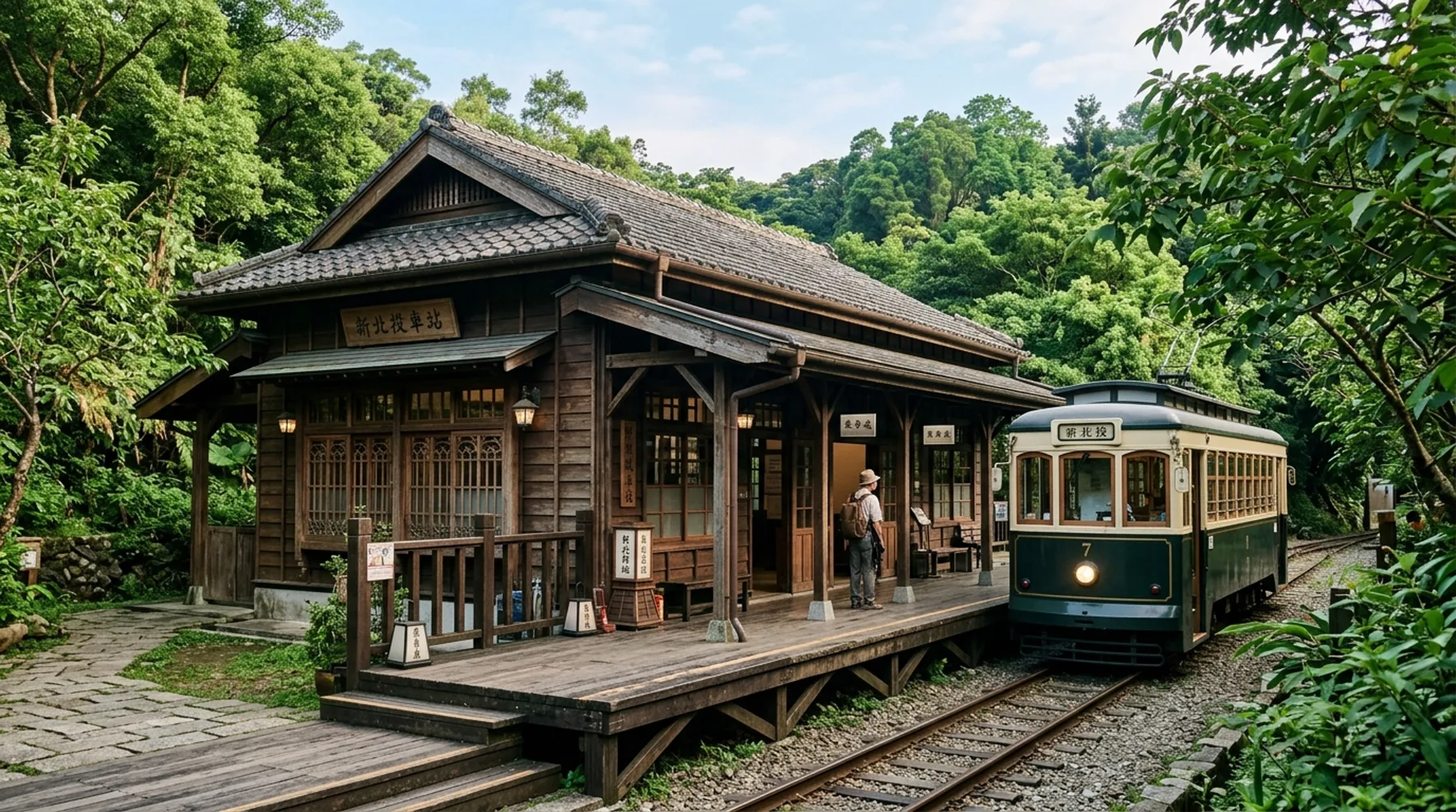 新北投車站日式木造建築與月台旁的復古電車