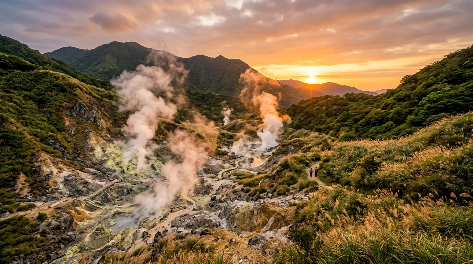 北投硫磺谷黃白色岩地與蒸氣孔冒出白煙，黃昏光線
